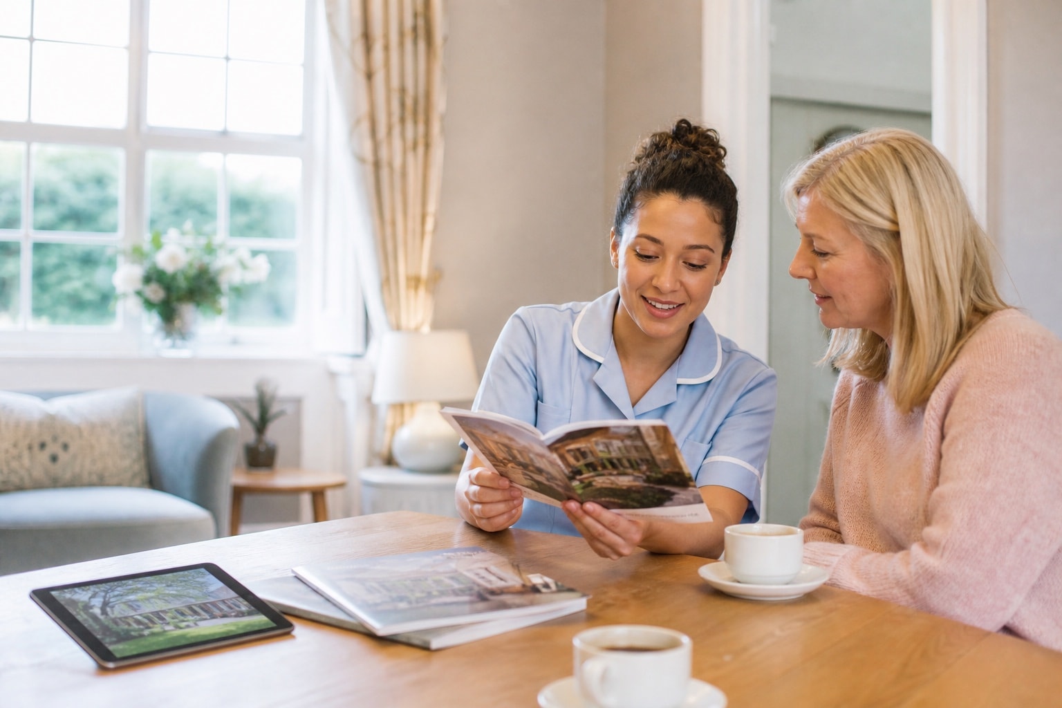 A carer sharing an Electus care-home brochure with a visiting family