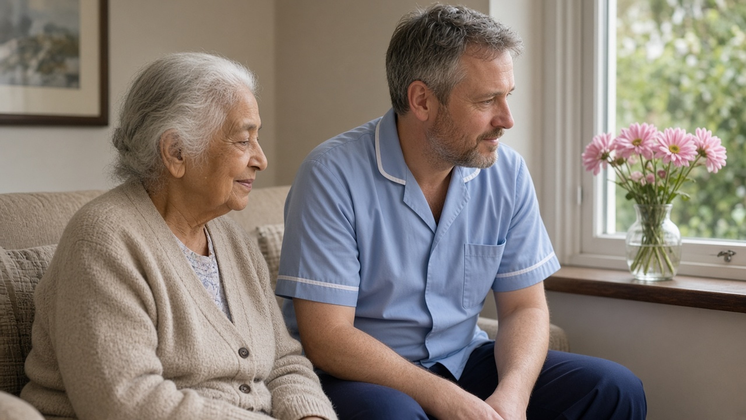 A nurse sitting with a resident looking at flowers in a calm dementia-care lounge