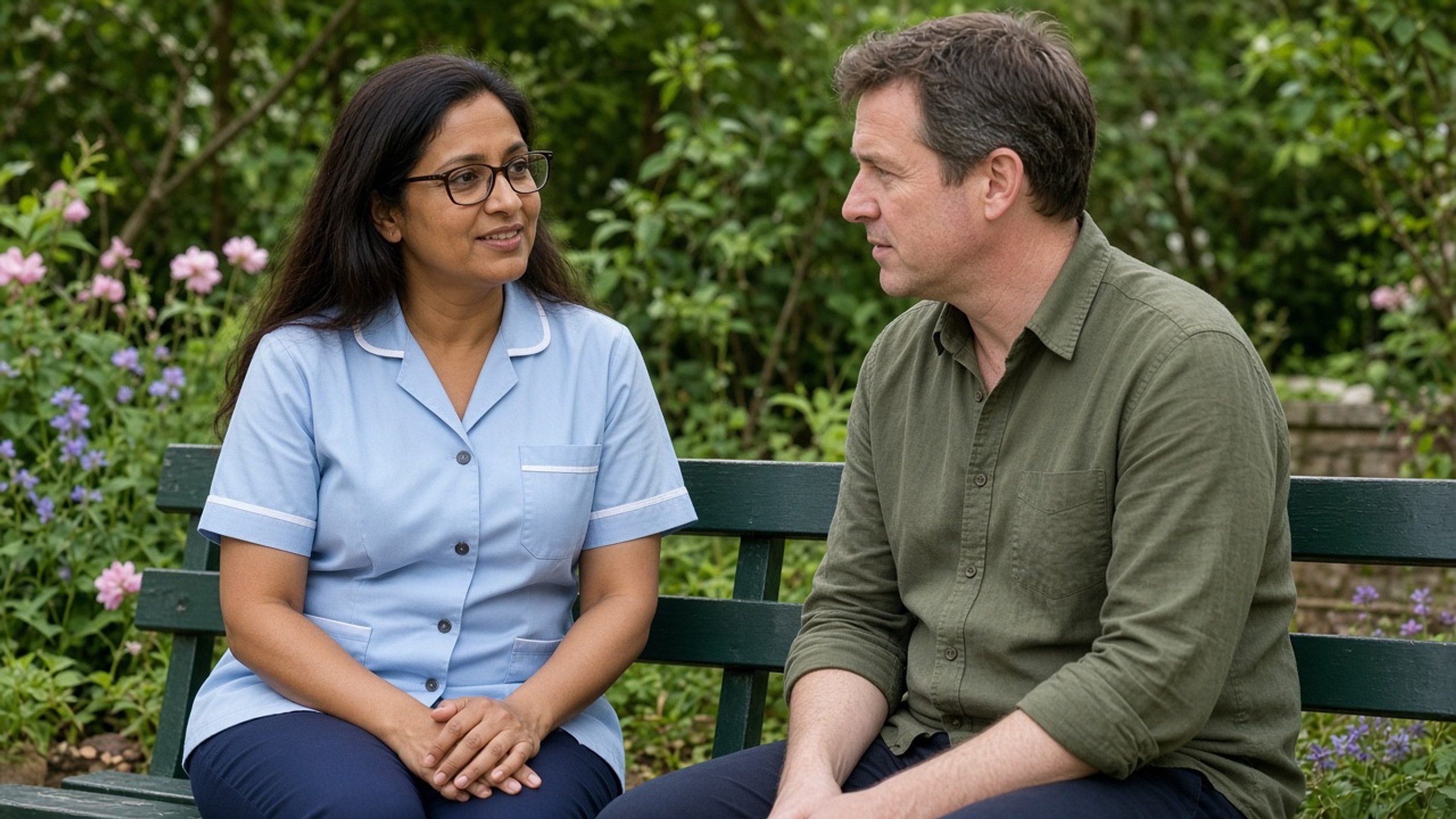 A mental health nurse in calm conversation with an adult resident in a garden