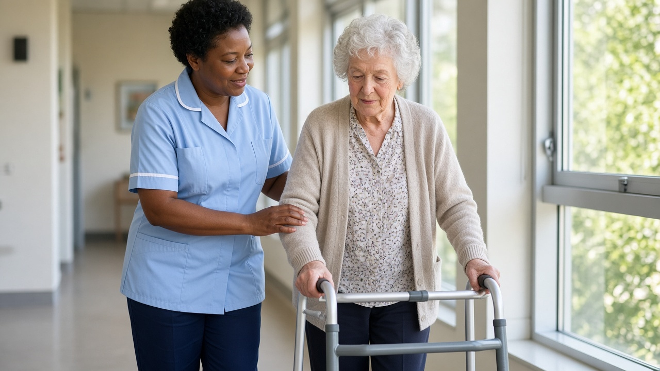 A nurse helping a resident with a walking frame in a bright care-home corridor