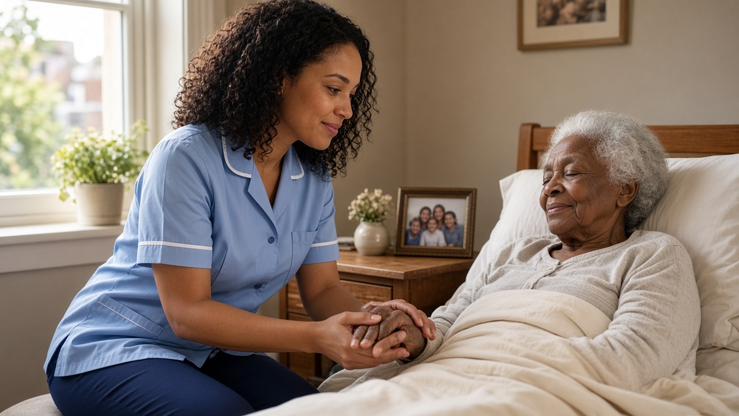A nurse gently holding a resident's hand at the bedside in a peaceful care-home room