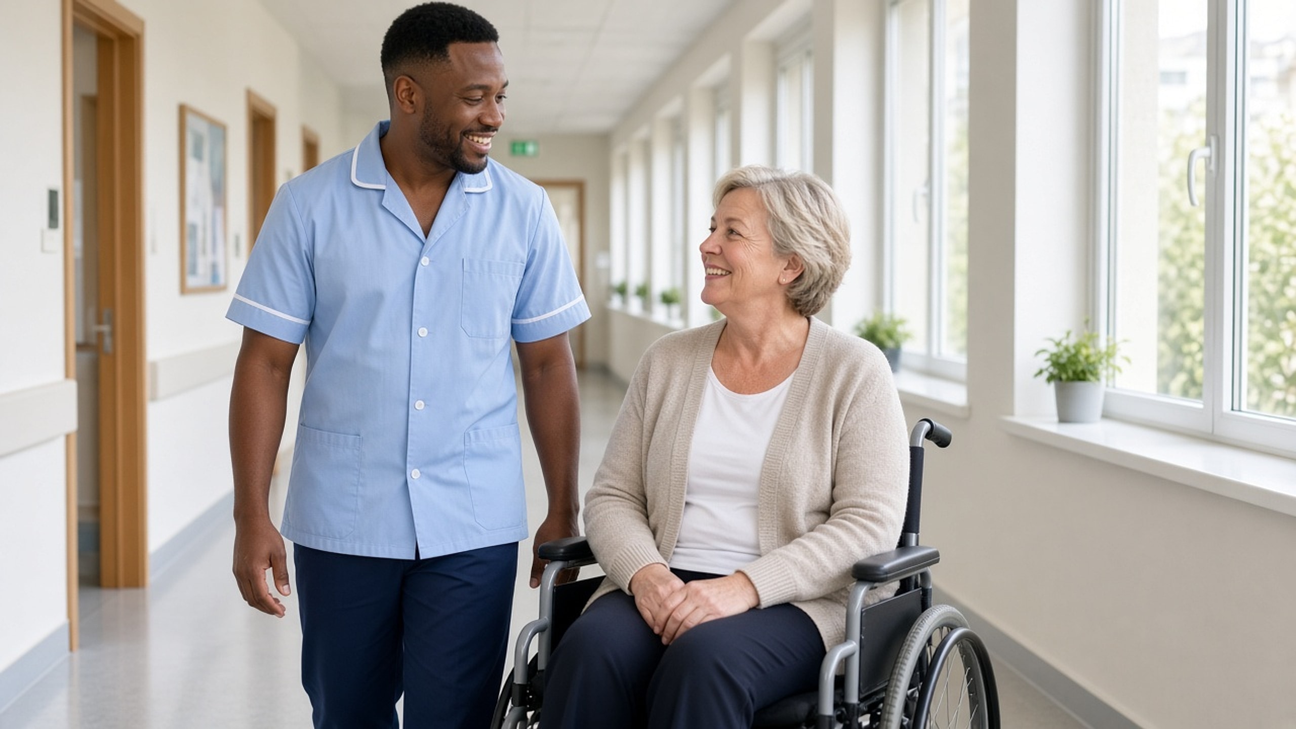 A nurse walking with a resident using a wheelchair along an accessible care-home corridor