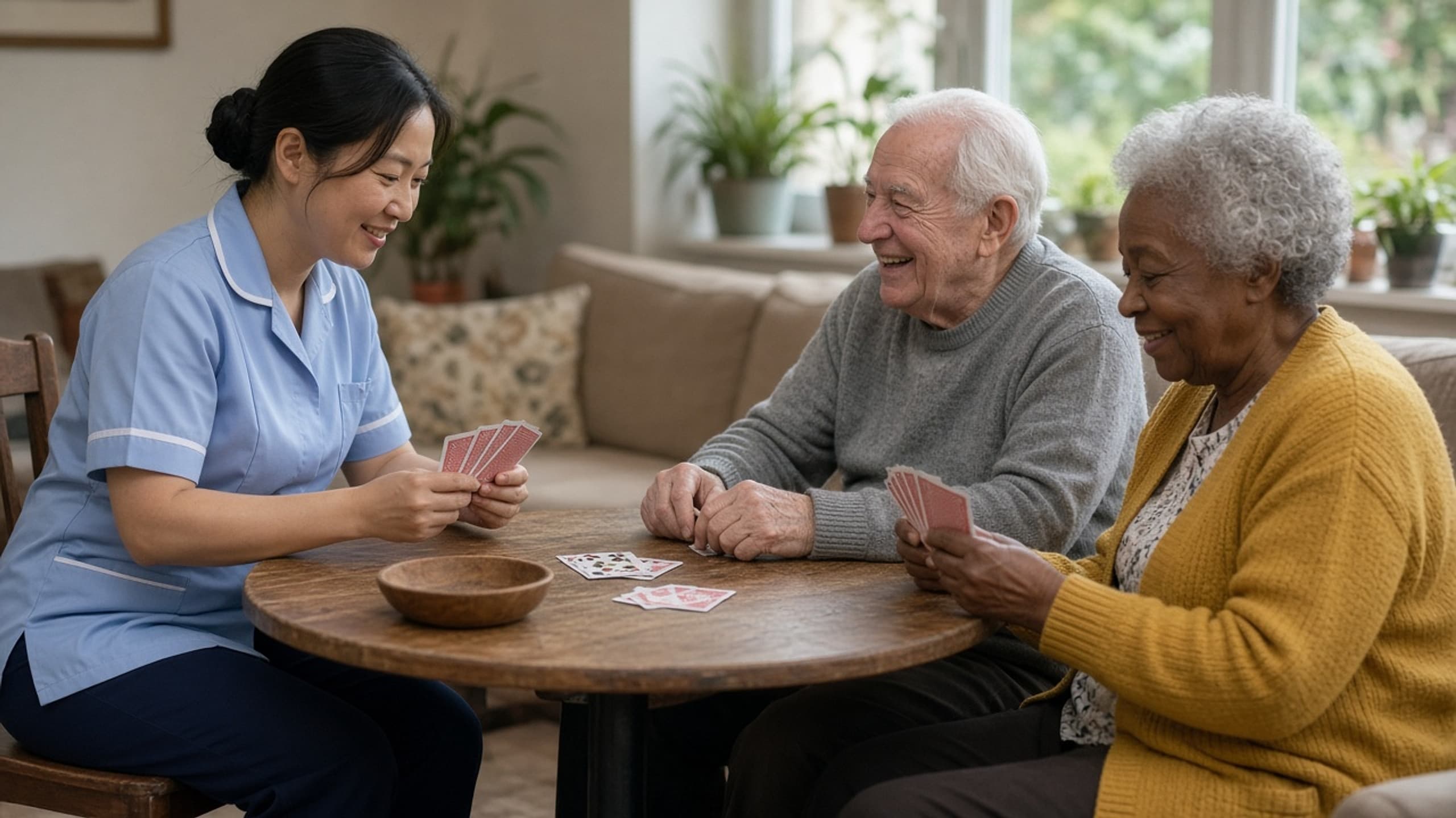 A nurse playing cards with two residents in a care-home lounge