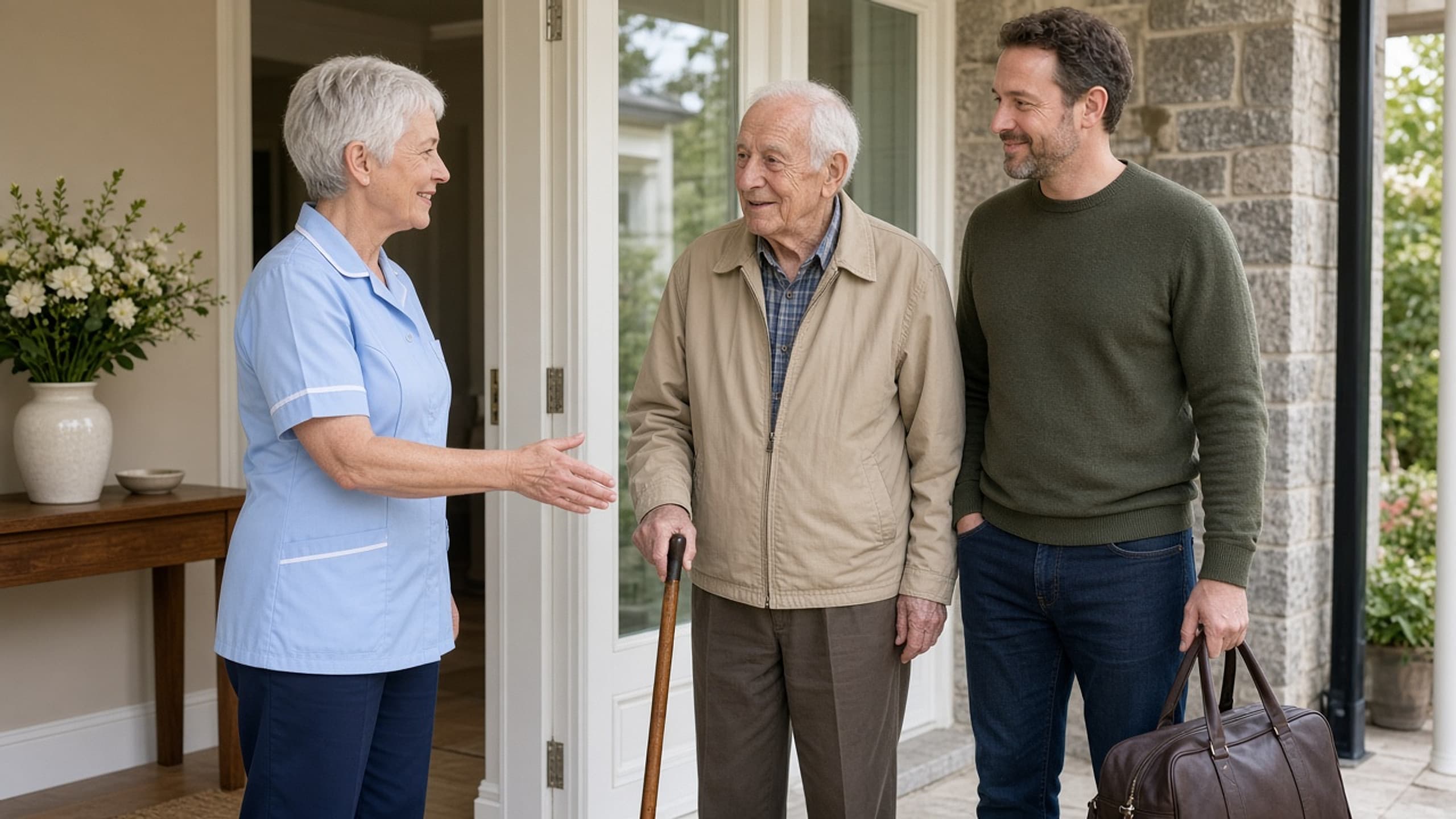 A nurse welcoming a resident and family member to a care home for a short stay