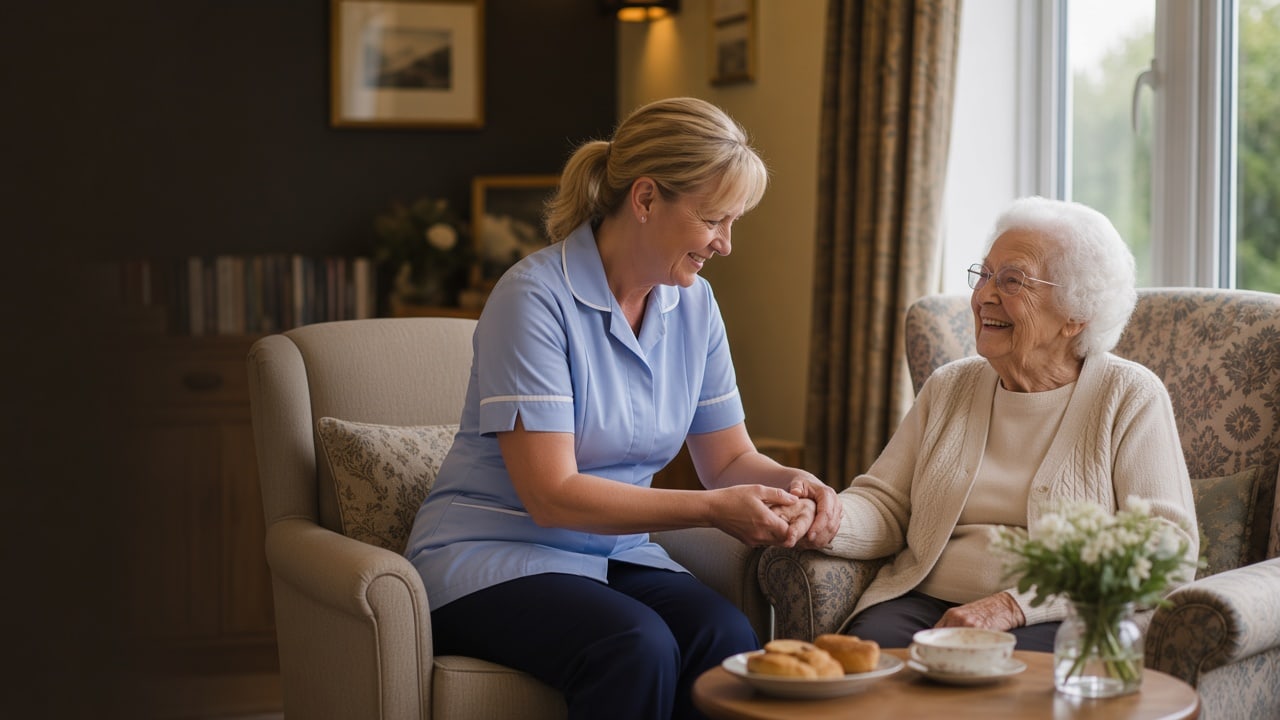 A nurse sitting with a resident in a lounge at Larne Care Centre