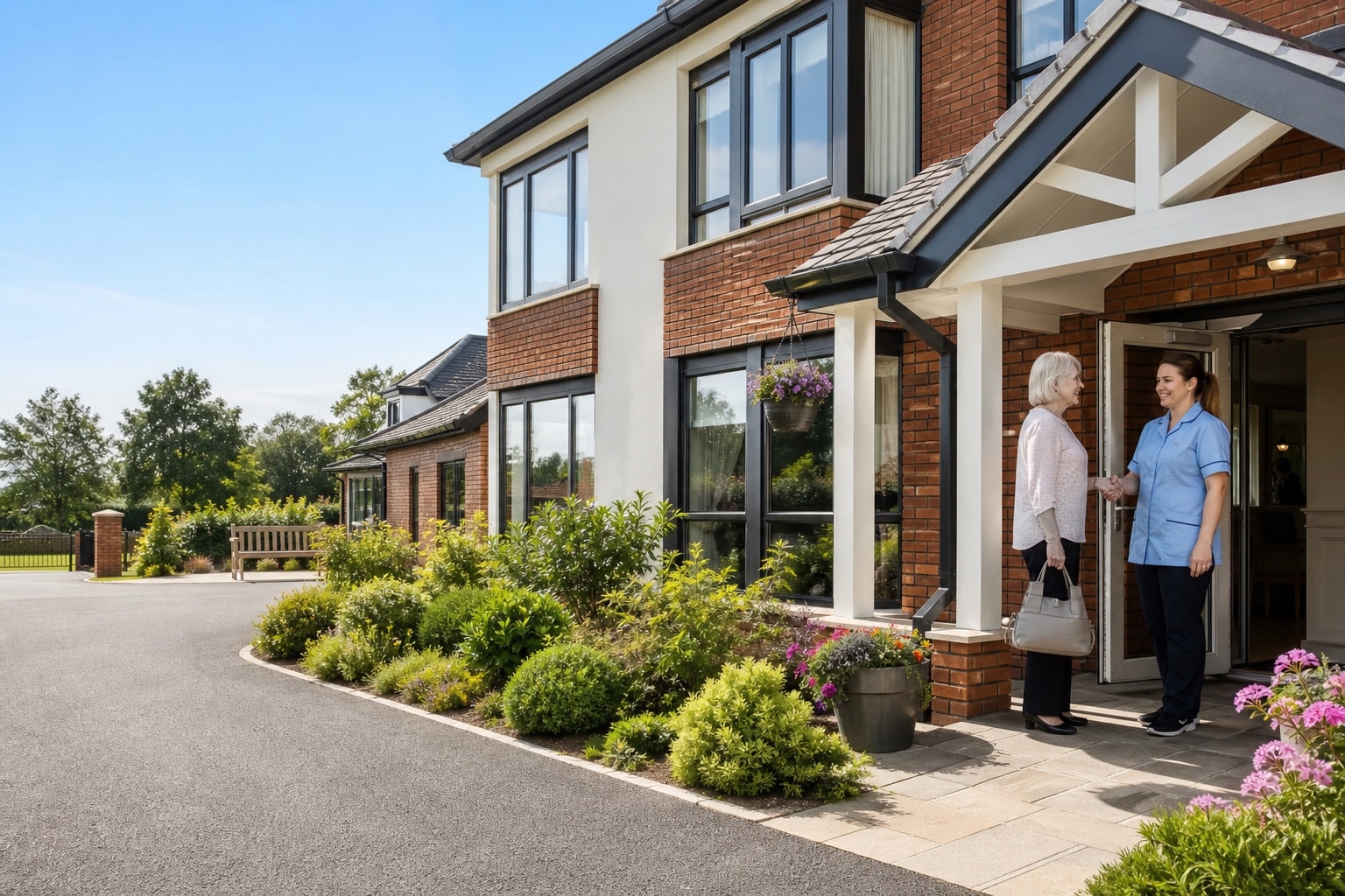 Electus carers supporting happy residents in a bright, welcoming care-home lounge