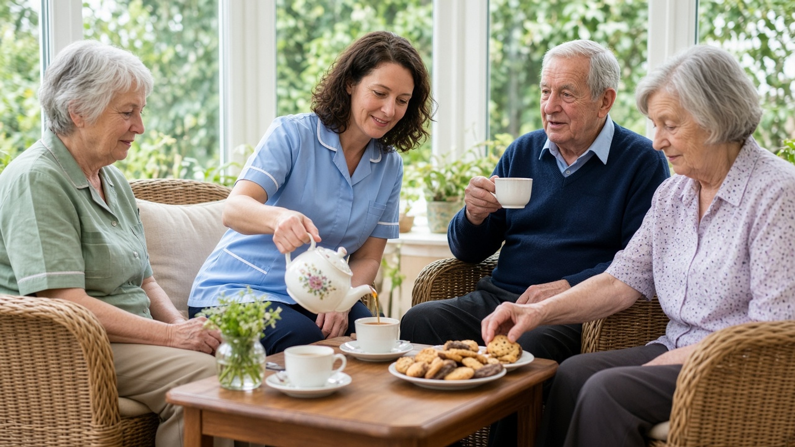 A nurse sharing afternoon tea with residents in a bright care-home lounge